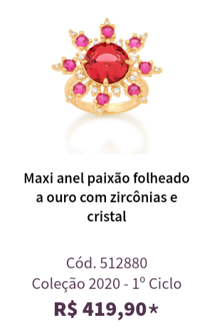 Maxi anel paixão folheado a ouro com zircônias e cristal Cód.512880 Coleção 2020 - 1º Ciclo
